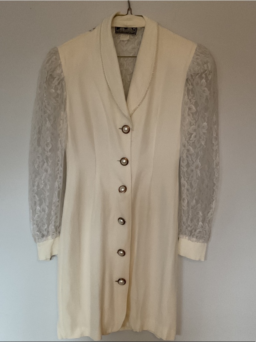 Cream Long-Sleeve Lace-Panel Dress with Pearl Buttons